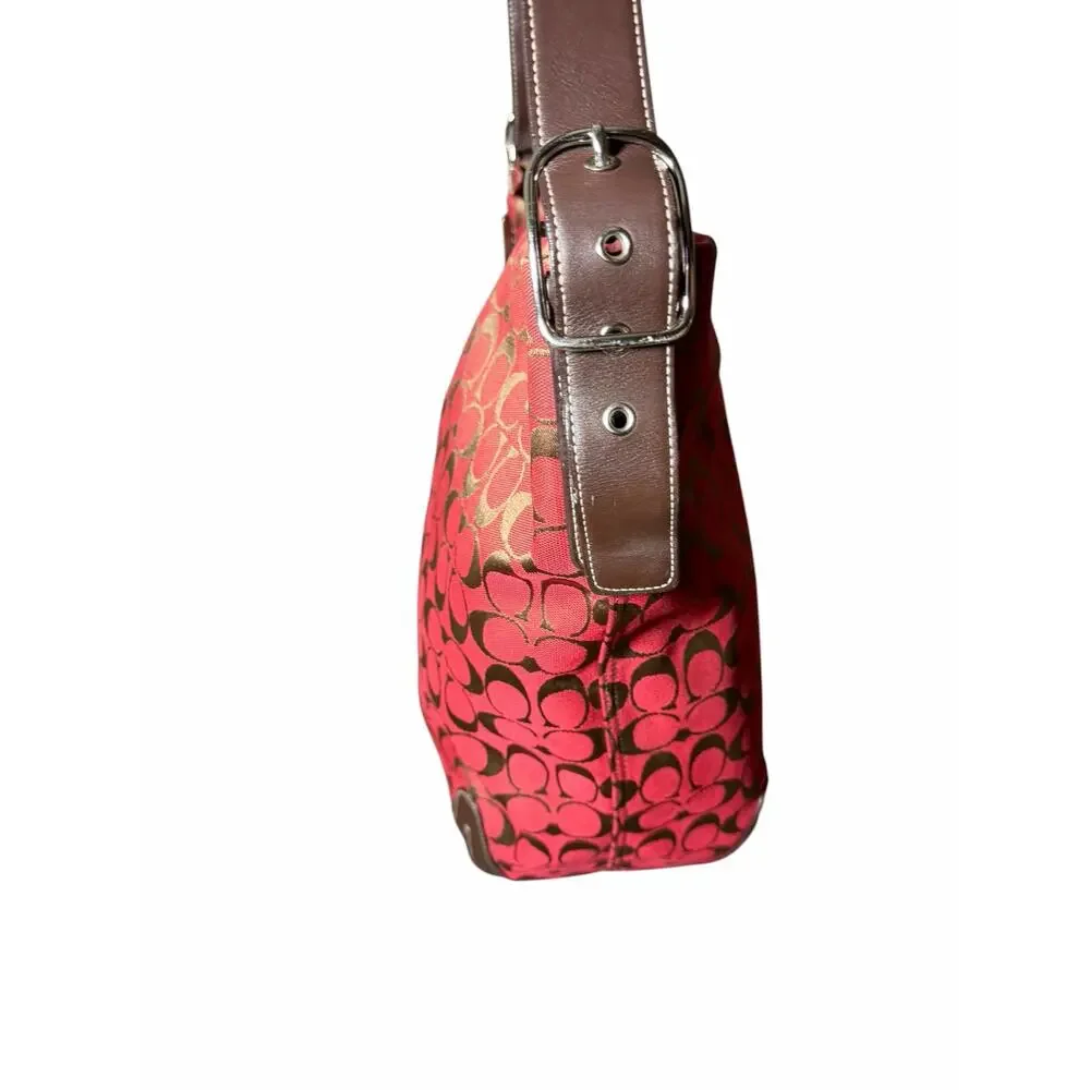 Coach 6083 Signature C Hobo Shoulder Bag Red Brown Canvas Leather Trim G15-608
